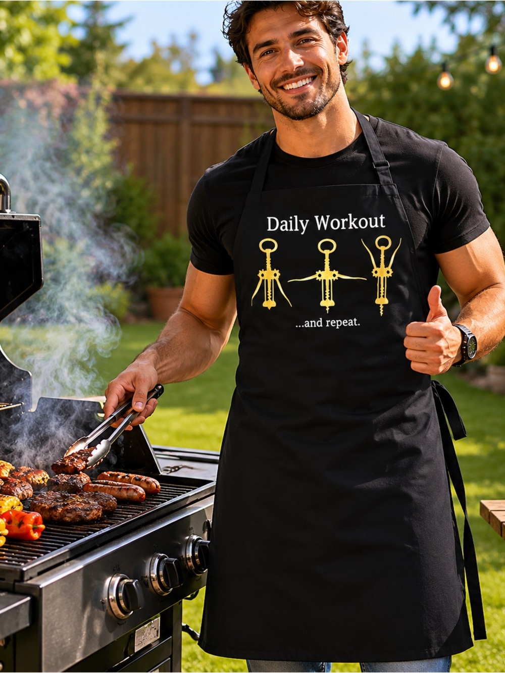 Wine Drinkers Ritz Daily Workout Black Bib Apron w/ Gold print 31 inch Cotton